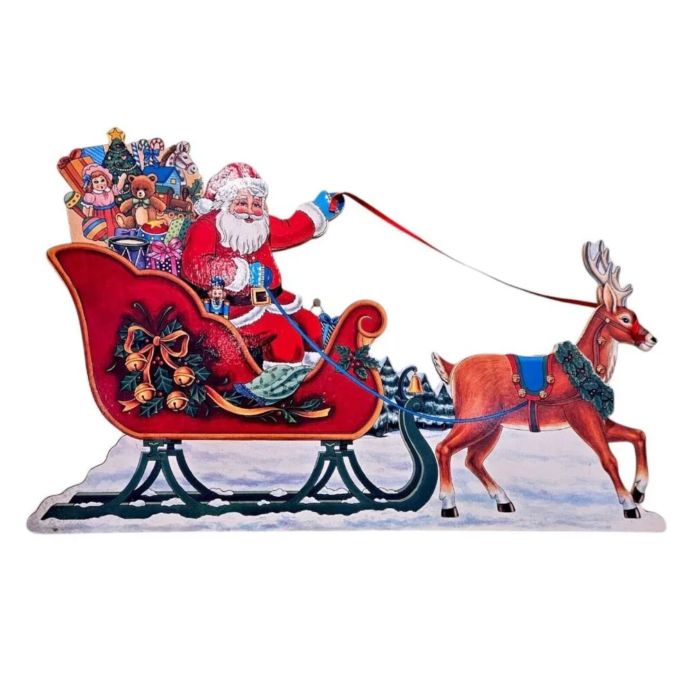 90s Christmas Animated Santa Sleigh‎ Reindeer Wooden Musical Winter Wall Decor